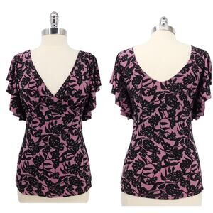 VTG‎ First Kiss Floral Y2K Top Blouse 90s Cap Sleeve Purple Black Floral Size S